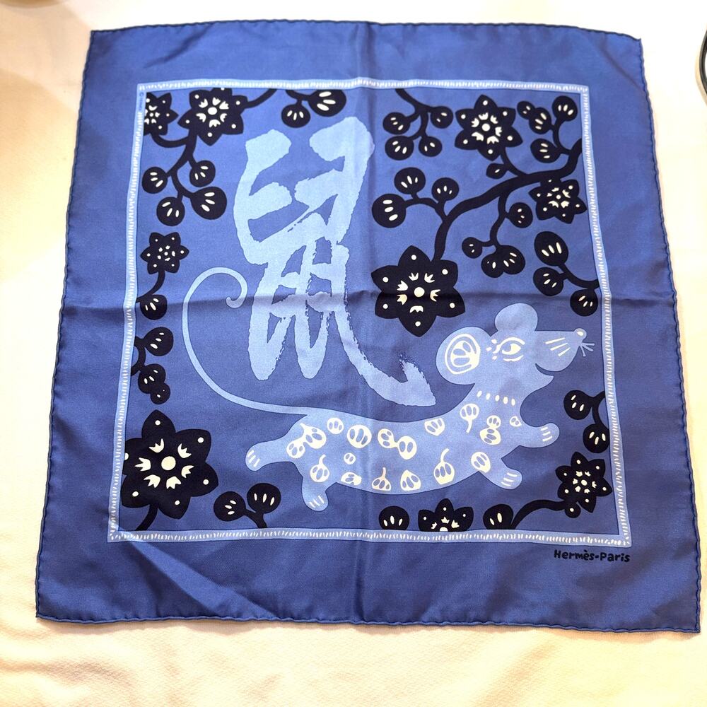 Hermes Paris Blue 'L'Année du Rat' 100% Silk Vintage Rolled Edge Pocket Square